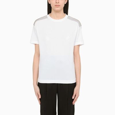 Shop Brunello Cucinelli Wide White T-shirt With Rhinestones