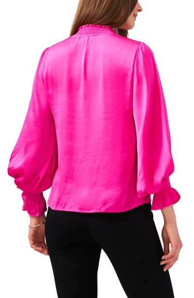 Shop Chaus Tie Neck Smocked Satin Blouse In Arresting Orchid