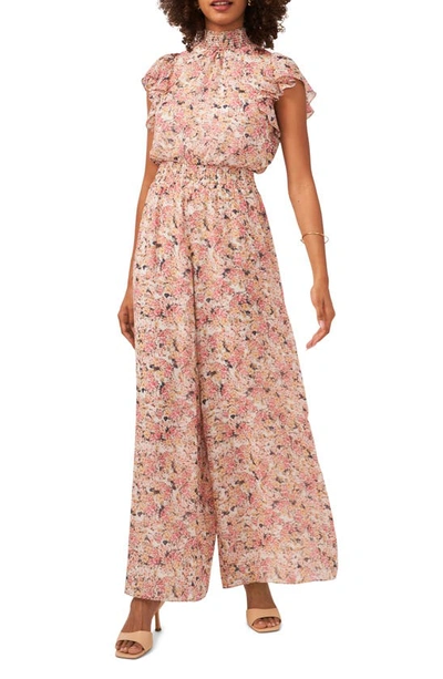 CHAUS FLORAL FLUTTER SLEEVE MOCK NECK JUMPSUIT 