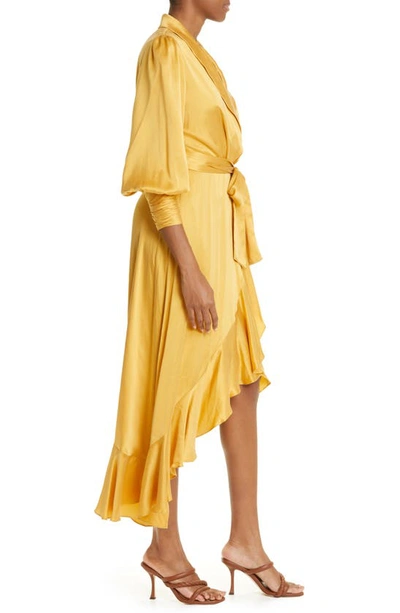 Shop Zimmermann Long Sleeve Silk Wrap Dress In Marigold
