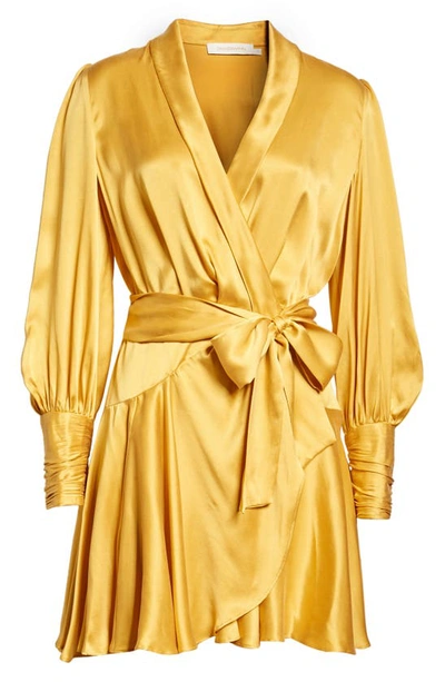 Shop Zimmermann Balloon Sleeve Silk Wrap Dress In Marigold