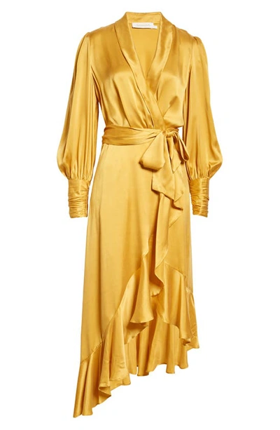 Shop Zimmermann Long Sleeve Silk Wrap Dress In Marigold