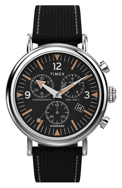 Shop Timex Standard Chronograph Leather Strap Watch, 41mm In Silver/ Black/ Black