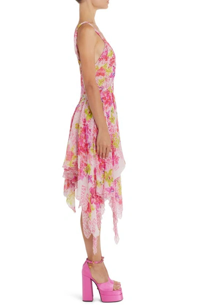 Shop Versace Orchid Print Handkerchief Hem Silk Chiffon Dress In White/ Pink