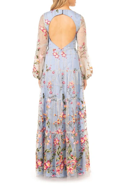 Shop Dress The Population Lyra Floral Embroidery Long Sleeve Tulle Gown In Sky Multi