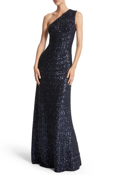 Shop Michael Kors Sequin One Shoulder A-line Gown In Navy