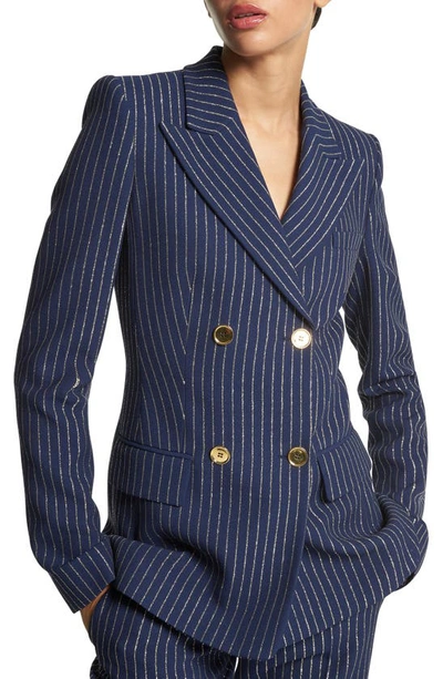 Shop Michael Kors Metallic Pinstripe Double Breasted Crepe Blazer In Navy/gold Metallic