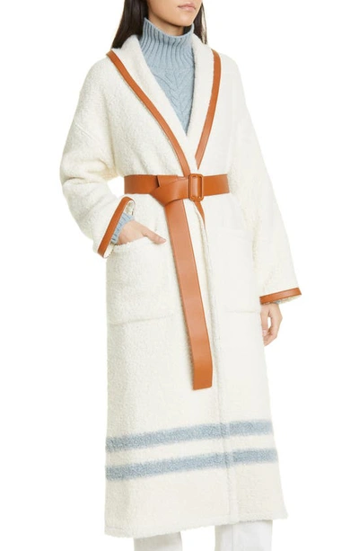 Shop Loro Piana Stripe Leather Trim Alpaca Blend Bouclé Coat In F4ch Nougat/ Clear Bl