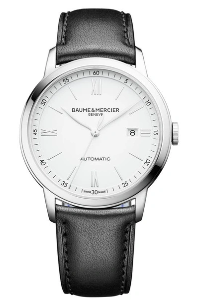 Shop Baume & Mercier Classima Automatic Leather Strap Watch, 42mm In White/black