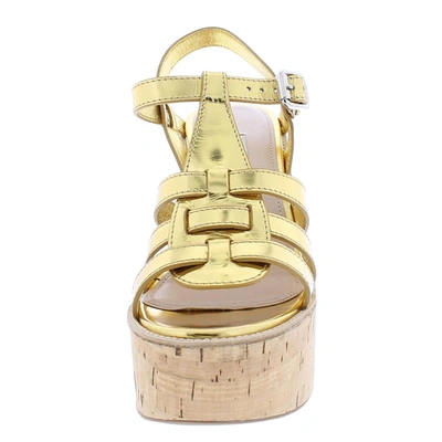Shop Miu Miu Metal 7 Womens Patent Leather Slingback Platform Sandals In Gold
