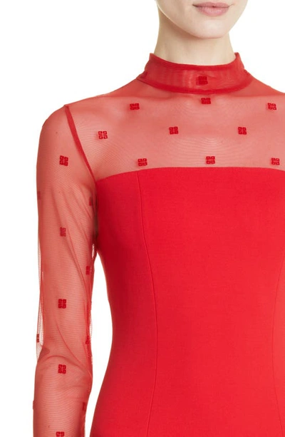Shop Givenchy 4g Mixed Media Long Sleeve Mock Neck Dress In Vermillon