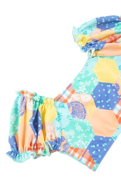 Shop Peek Aren't You Curious Kids' Patchwork Print Puff Sleeve Two-piece Swimsuit In Teal Print