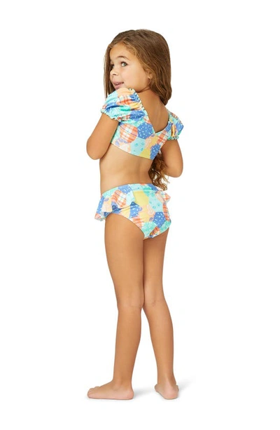 Shop Peek Aren't You Curious Kids' Patchwork Print Puff Sleeve Two-piece Swimsuit In Teal Print