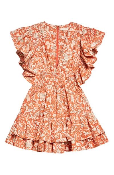 Shop Ulla Johnson Kiri Floral Print Ruffle Minidress In Orange Blossom