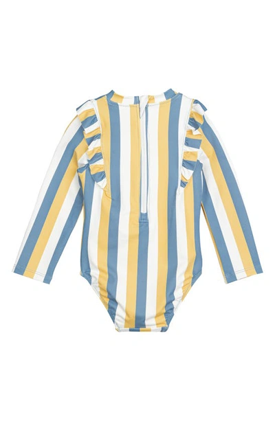 Shop Miles The Label Sunny Stripes Long Sleeve One-piece Rashguard Swimsuit In Blue