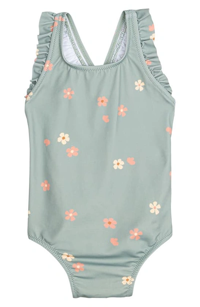 Shop Miles The Label Flowers On Sage Ruffle One-piece Swimsuit In 805 Dusty Green