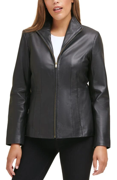 Shop Cole Haan Signature Wing Collar Leather Jacket In Black