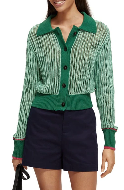 Scotch & Soda Open Stitch Spread Collar Sweater In 5760-bright Parakeet Melange