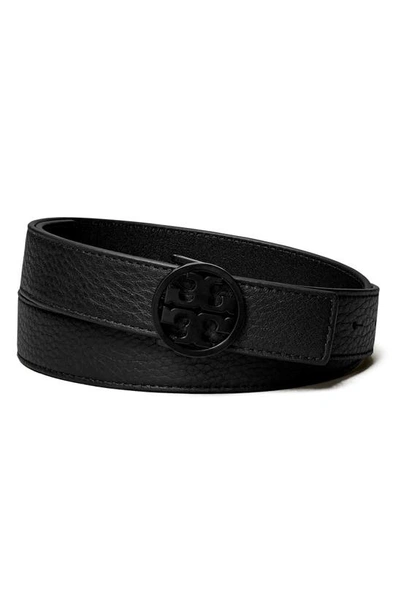 Shop Tory Burch Miller Logo Leather Belt In Black / Black / Black