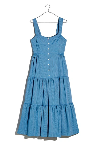 Shop Madewell Stripe Button Front Tiered Midi Dress In Cerulean Blue