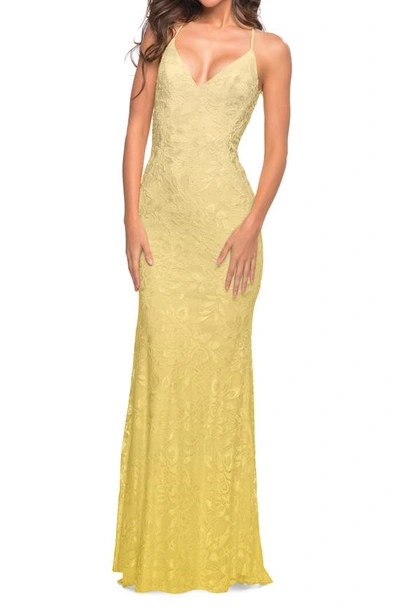 Shop La Femme Stretch Lace Gown In Pale Yellow