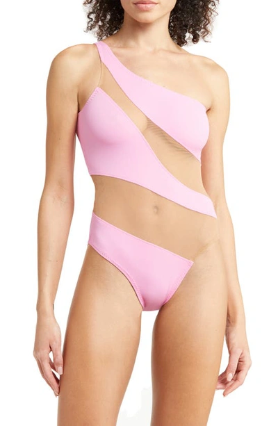 Shop Norma Kamali Mio Mesh One-shoulder One-piece Swimsuit In Candy Pink/ Beige Mesh