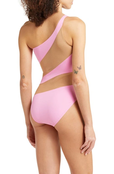Shop Norma Kamali Mio Mesh One-shoulder One-piece Swimsuit In Candy Pink/ Beige Mesh