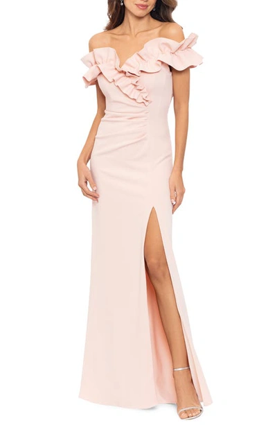 Shop Xscape Ruched Ruffle Scuba Gown In Blush