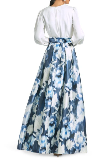 Shop Sachin & Babi Zoe Long Sleeve Belted Gown In Ivy/ Blue Ikat Flor