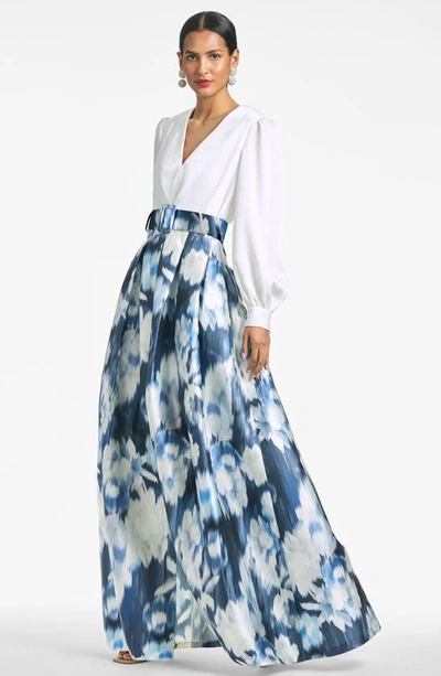 Shop Sachin & Babi Zoe Long Sleeve Belted Gown In Ivy/ Blue Ikat Flor