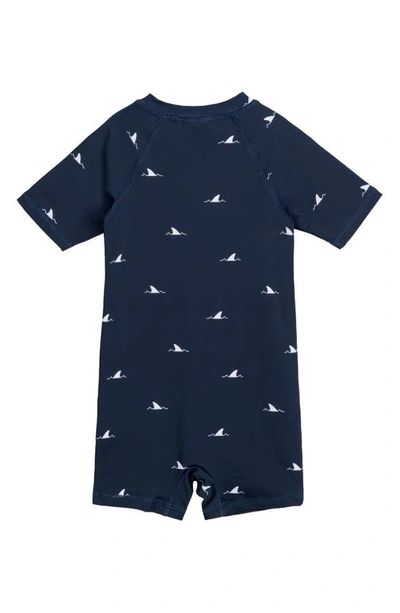 Shop Miles The Label Shark Fins Short Sleeve One-piece Rashguard Swimsuit In 604 Navy