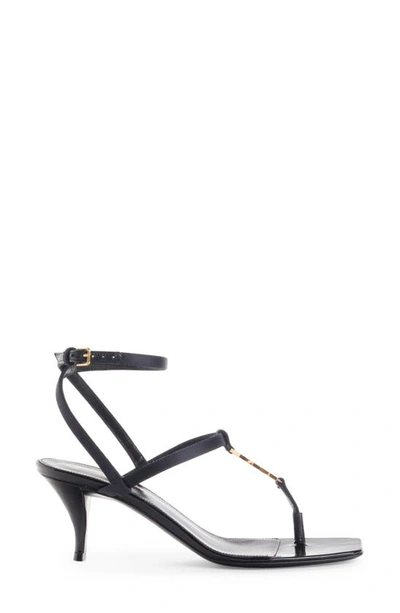 Saint Laurent Cassandra Sandals In Smooth Leather With Gold Monogram In Black