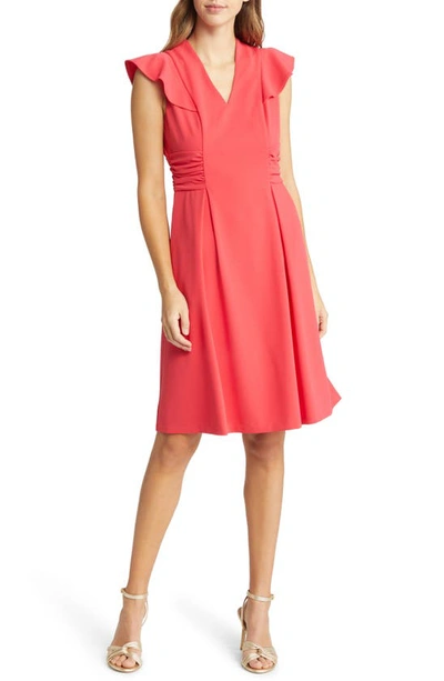 Shop Tahari Asl Side Ruched Flutter Sleeve Dress In Watermelon