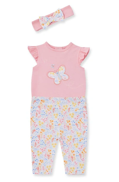 Shop Little Me Butterfly Cotton Bodysuit, Leggings & Headband Set In Pink