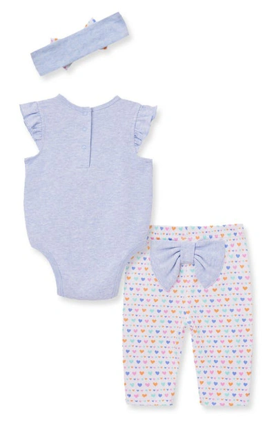 Shop Little Me Rainbow Hearts Cotton Bodysuit, Pants & Headband Set In Blue