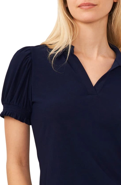 Shop Cece Short Puff Sleeve Knit Polo In Navy Blue Jay