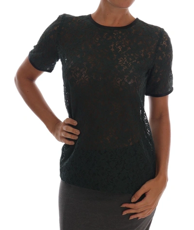 Shop Dolce & Gabbana Dark Green Cotton Floral Lace Round Neck Blouse Women's Top