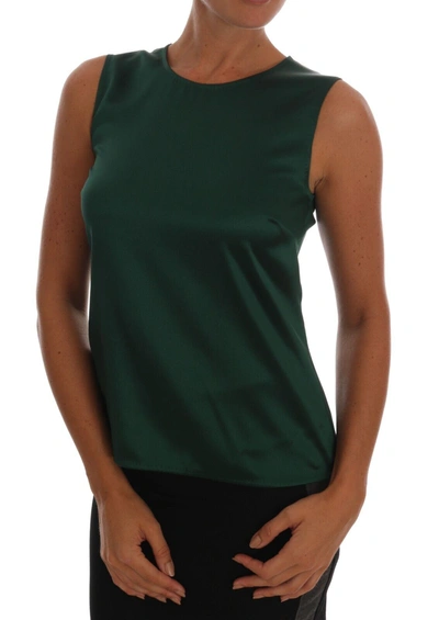 Shop Dolce & Gabbana Dark Green Silk Sleeveless Round Neck Tank Women's Top