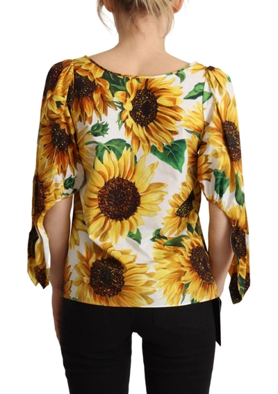 Shop Dolce & Gabbana White Sunflower Cotton Round Neck Blouse Women's Top