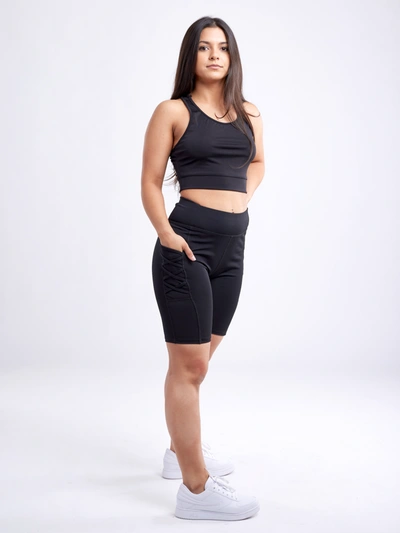 Shop Jupiter Gear High-waisted Mid-thigh Workout Shorts With Pockets & Criss Cross Design In Black