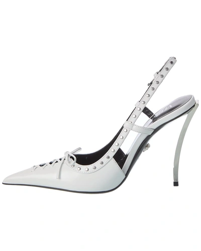 Shop Versace Laced Pin-point Leather Slingback Pump In White