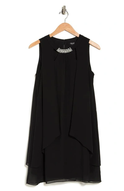Shop Sl Fashions Chiffon Cutout Crew Neck Pearl Accent Dress In Black