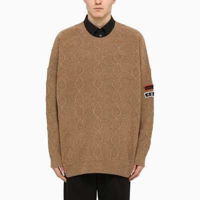 Shop Raf Simons Fred Perry X  | Beige Intarsia Jumper With Patches In Brown