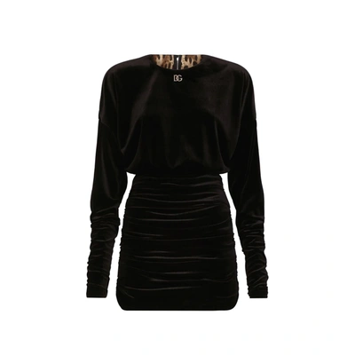 Shop Dolce & Gabbana Velvet Logo Dress In Black