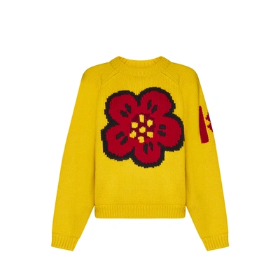 Kenzo Flower Cotton And Wool Sweater In Yellow