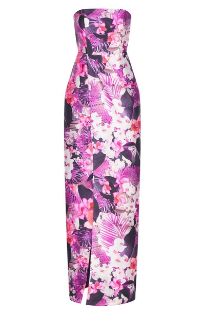 Shop Kay Unger Lucienne Floral Strapless Column Gown In Magenta Purple/ Pink