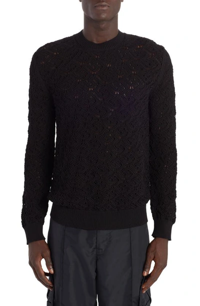 Shop Versace La Greca Crochet Lace Crewneck Sweater In Black