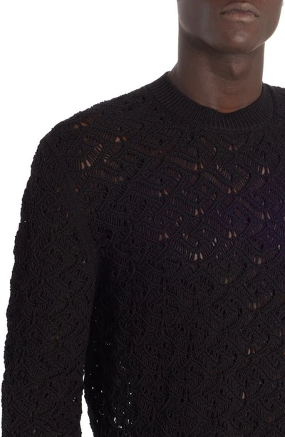 Shop Versace La Greca Crochet Lace Crewneck Sweater In Black