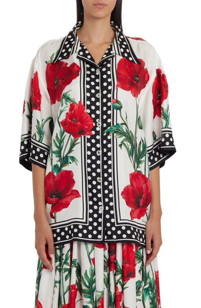 Dolce & Gabbana Poppy Print Silk Twill Button-up Shirt In Natural White