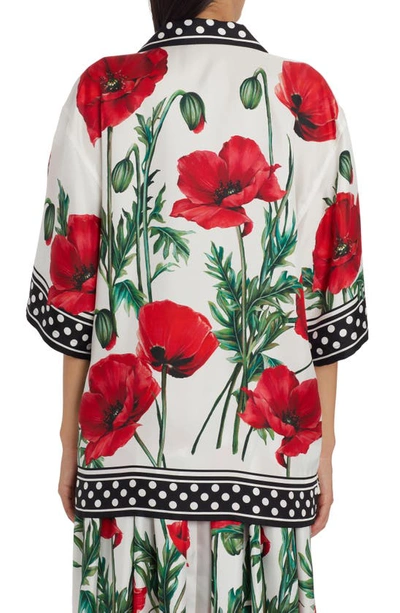 Dolce & Gabbana Poppy Print Silk Twill Button-up Shirt In Natural White